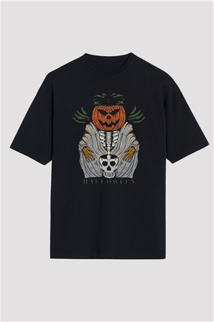 Halloween Baskılı Unisex Siyah Oversize Tişört - Tshirt