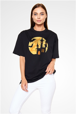 Halloween Baskılı Unisex Siyah Oversize Tişört - Tshirt