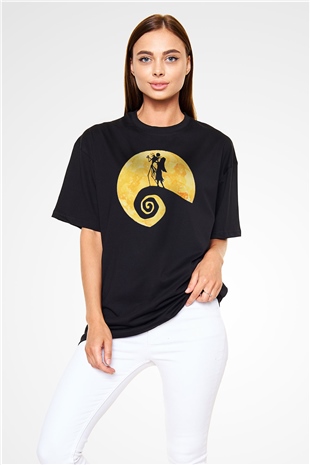 Halloween Baskılı Unisex Siyah Oversize Tişört - Tshirt