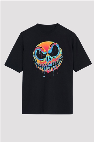 Halloween Baskılı Unisex Siyah Oversize Tişört - Tshirt