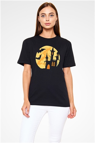 Halloween Baskılı Unisex Siyah Tişört - Tshirt