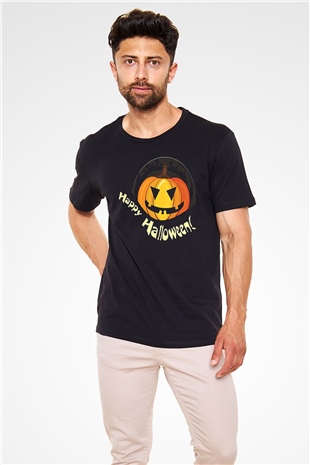 Halloween Baskılı Unisex Siyah Tişört - Tshirt