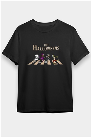 Halloween Baskılı Unisex Siyah Tişört - Tshirt