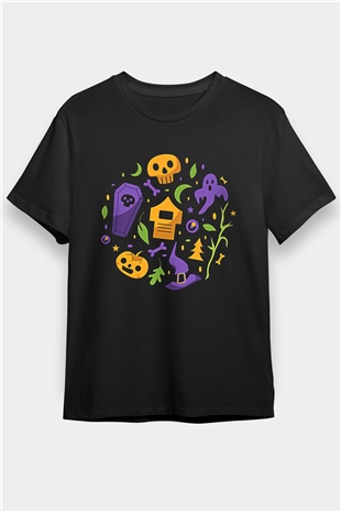 Halloween Baskılı Unisex Siyah Tişört - Tshirt