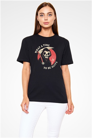 Halloween Baskılı Unisex Siyah Tişört - Tshirt