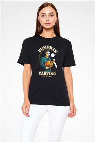 Halloween Baskılı Unisex Siyah Tişört - Tshirt
