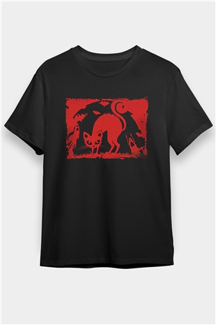 Halloween Baskılı Unisex Siyah Tişört - Tshirt