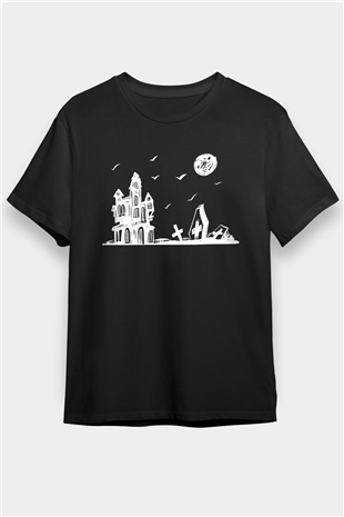 Halloween Baskılı Unisex Siyah Tişört - Tshirt