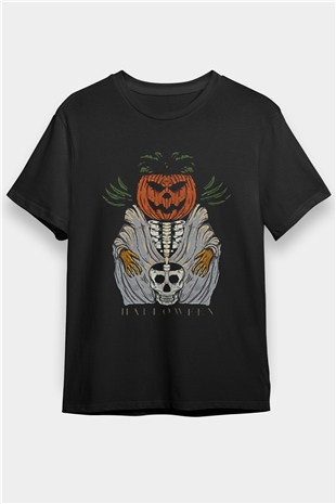 Halloween Baskılı Unisex Siyah Tişört - Tshirt