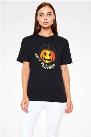 Halloween Baskılı Unisex Siyah Tişört - Tshirt
