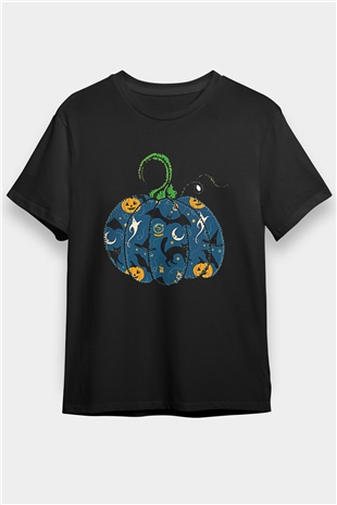 Halloween Baskılı Unisex Siyah Tişört - Tshirt