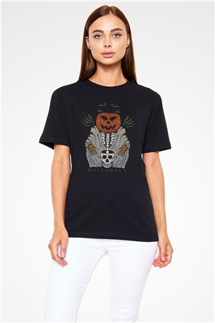 Halloween Baskılı Unisex Siyah Tişört - Tshirt