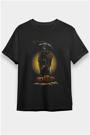 Halloween Baskılı Unisex Siyah Tişört - Tshirt