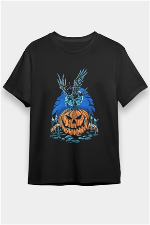Halloween Baskılı Unisex Siyah Tişört - Tshirt