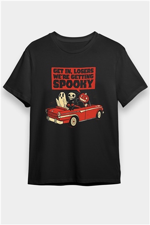 Halloween Baskılı Unisex Siyah Tişört - Tshirt
