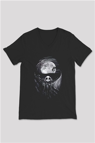 Halloween Baskılı Unisex Siyah V Yaka Tişört - Tshirt