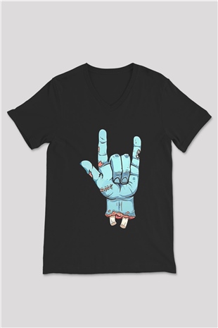 Halloween Baskılı Unisex Siyah V Yaka Tişört - Tshirt