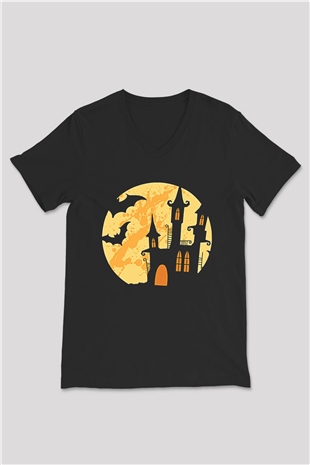 Halloween Baskılı Unisex Siyah V Yaka Tişört - Tshirt