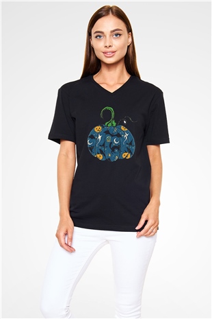 Halloween Baskılı Unisex Siyah V Yaka Tişört - Tshirt