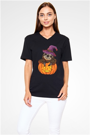 Halloween Baskılı Unisex Siyah V Yaka Tişört - Tshirt
