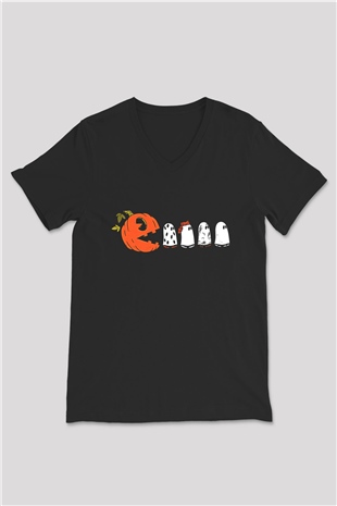 Halloween Baskılı Unisex Siyah V Yaka Tişört - Tshirt