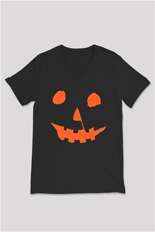 Halloween Baskılı Unisex Siyah V Yaka Tişört - Tshirt