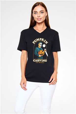 Halloween Baskılı Unisex Siyah V Yaka Tişört - Tshirt