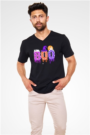 Halloween Baskılı Unisex Siyah V Yaka Tişört - Tshirt