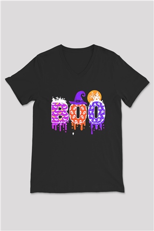 Halloween Baskılı Unisex Siyah V Yaka Tişört - Tshirt