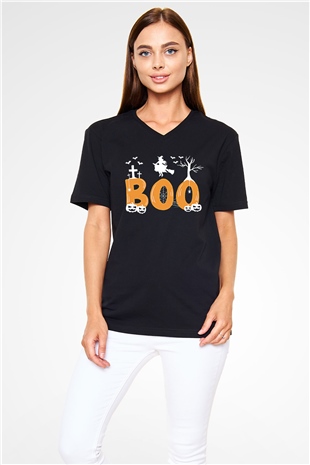 Halloween Baskılı Unisex Siyah V Yaka Tişört - Tshirt
