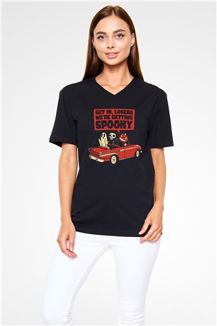 Halloween Baskılı Unisex Siyah V Yaka Tişört - Tshirt