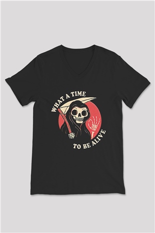 Halloween Baskılı Unisex Siyah V Yaka Tişört - Tshirt