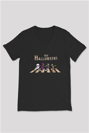 Halloween Baskılı Unisex Siyah V Yaka Tişört - Tshirt