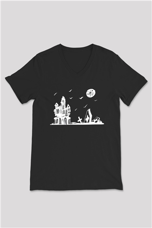 Halloween Baskılı Unisex Siyah V Yaka Tişört - Tshirt