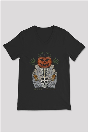 Halloween Baskılı Unisex Siyah V Yaka Tişört - Tshirt