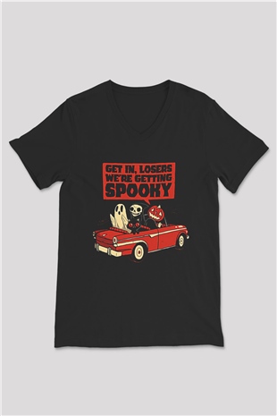 Halloween Baskılı Unisex Siyah V Yaka Tişört - Tshirt