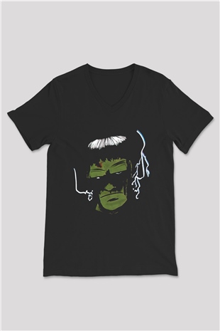 Halloween Baskılı Unisex Siyah V Yaka Tişört - Tshirt