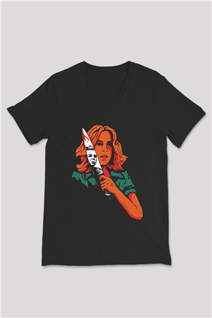 Halloween Baskılı Unisex Siyah V Yaka Tişört - Tshirt