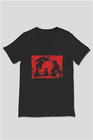 Halloween Baskılı Unisex Siyah V Yaka Tişört - Tshirt