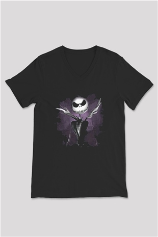 Halloween Baskılı Unisex Siyah V Yaka Tişört - Tshirt
