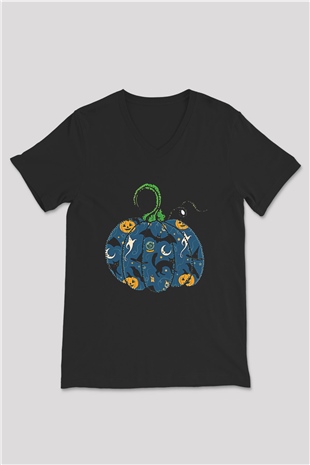 Halloween Baskılı Unisex Siyah V Yaka Tişört - Tshirt