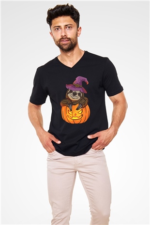 Halloween Baskılı Unisex Siyah V Yaka Tişört - Tshirt
