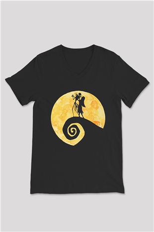 Halloween Baskılı Unisex Siyah V Yaka Tişört - Tshirt