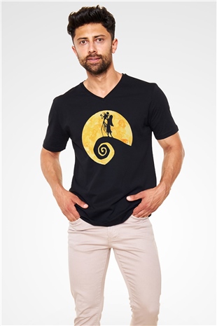 Halloween Baskılı Unisex Siyah V Yaka Tişört - Tshirt
