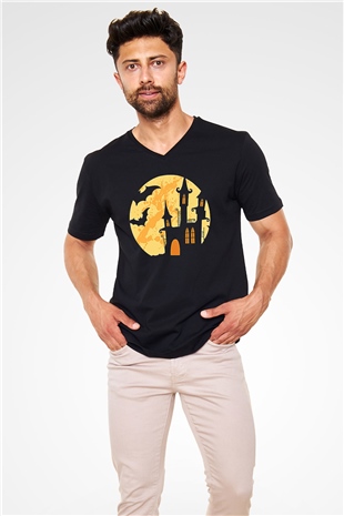 Halloween Baskılı Unisex Siyah V Yaka Tişört - Tshirt