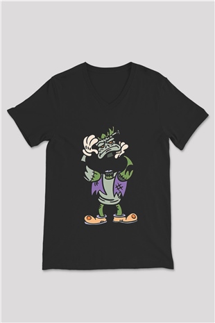 Halloween Baskılı Unisex Siyah V Yaka Tişört - Tshirt