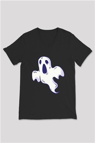 Halloween Baskılı Unisex Siyah V Yaka Tişört - Tshirt