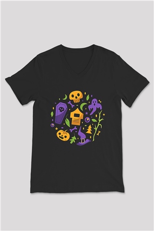 Halloween Baskılı Unisex Siyah V Yaka Tişört - Tshirt