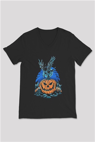 Halloween Baskılı Unisex Siyah V Yaka Tişört - Tshirt