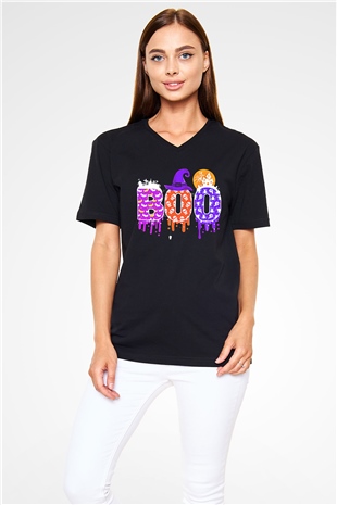 Halloween Baskılı Unisex Siyah V Yaka Tişört - Tshirt